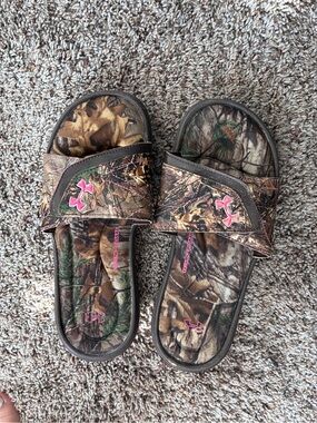 Under Armour Camo Slide Sandals with Pink Logo
